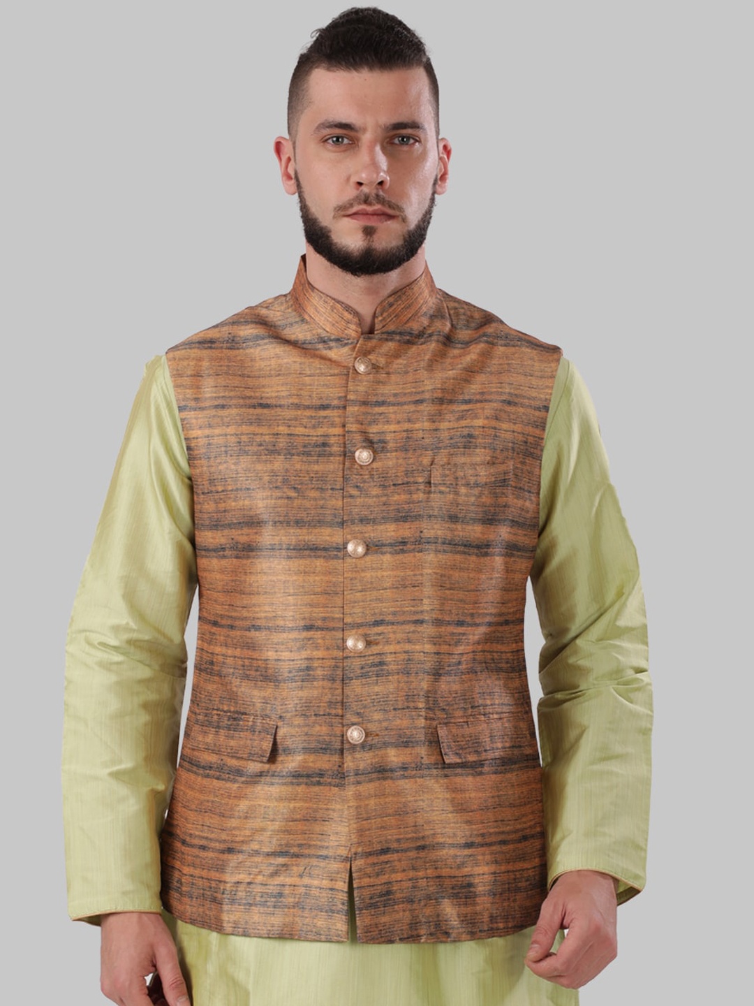 Ethnix by Raymond Men Orange & Navy Blue Woven Design Nehru Jacket