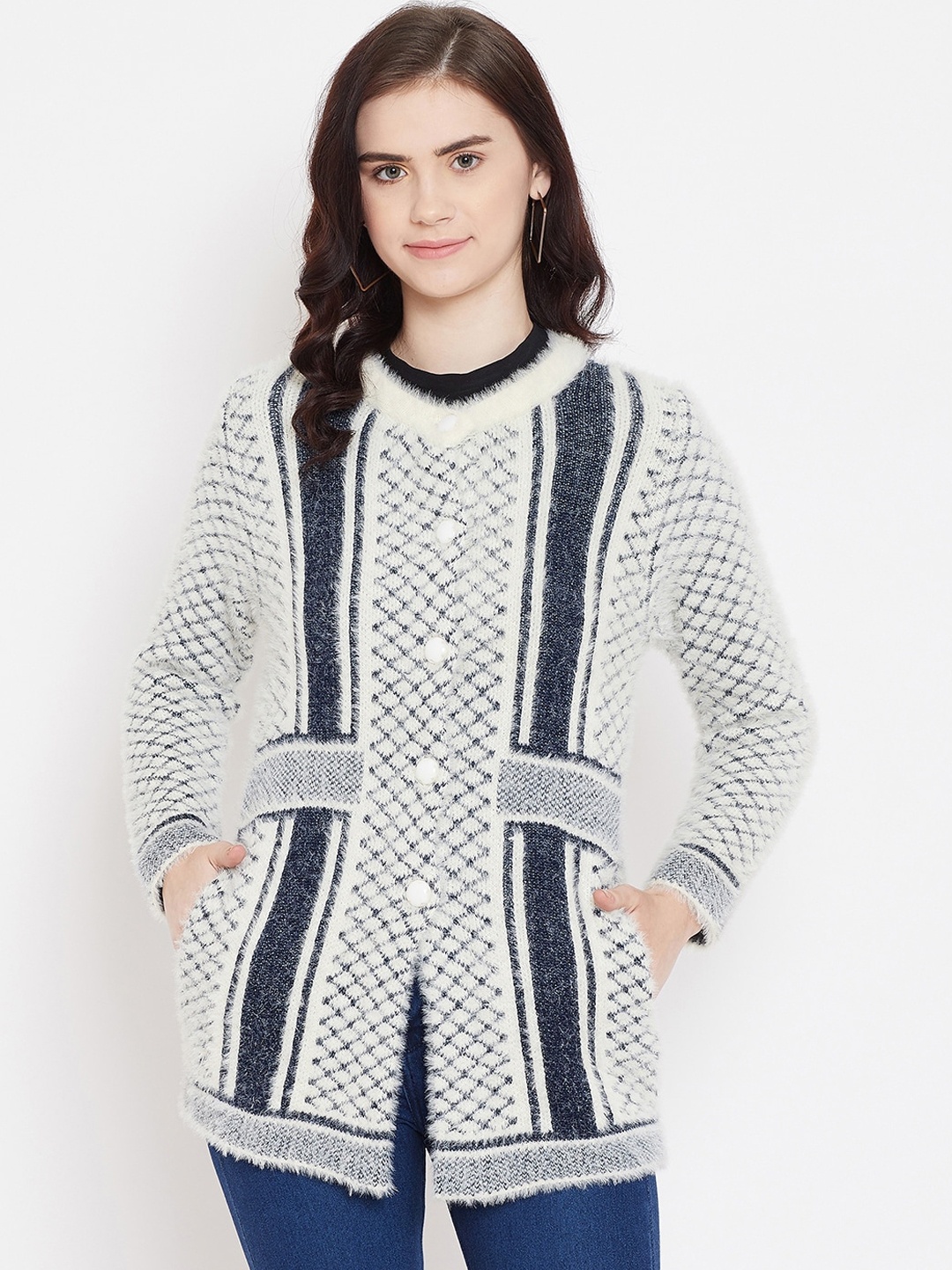 

Zigo Women White Self Design Front-Open Sweater