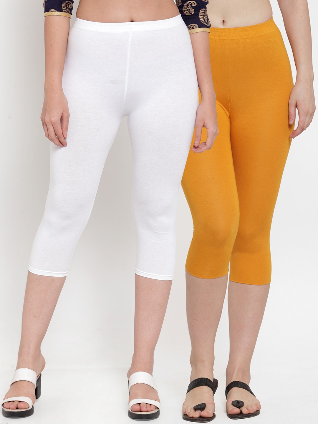 

GRACIT Women Pack Of 2 White & Yellow Solid Slim Fit Capris