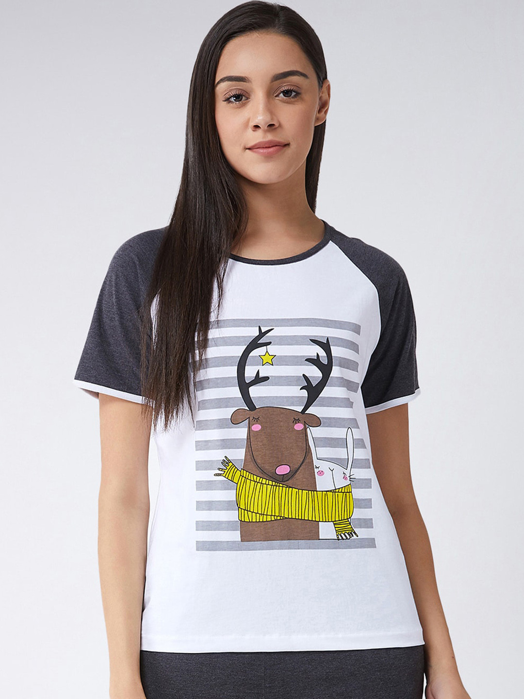

Miss Chase Women White & Charcoal Grey Printed Round Neck T-shirt