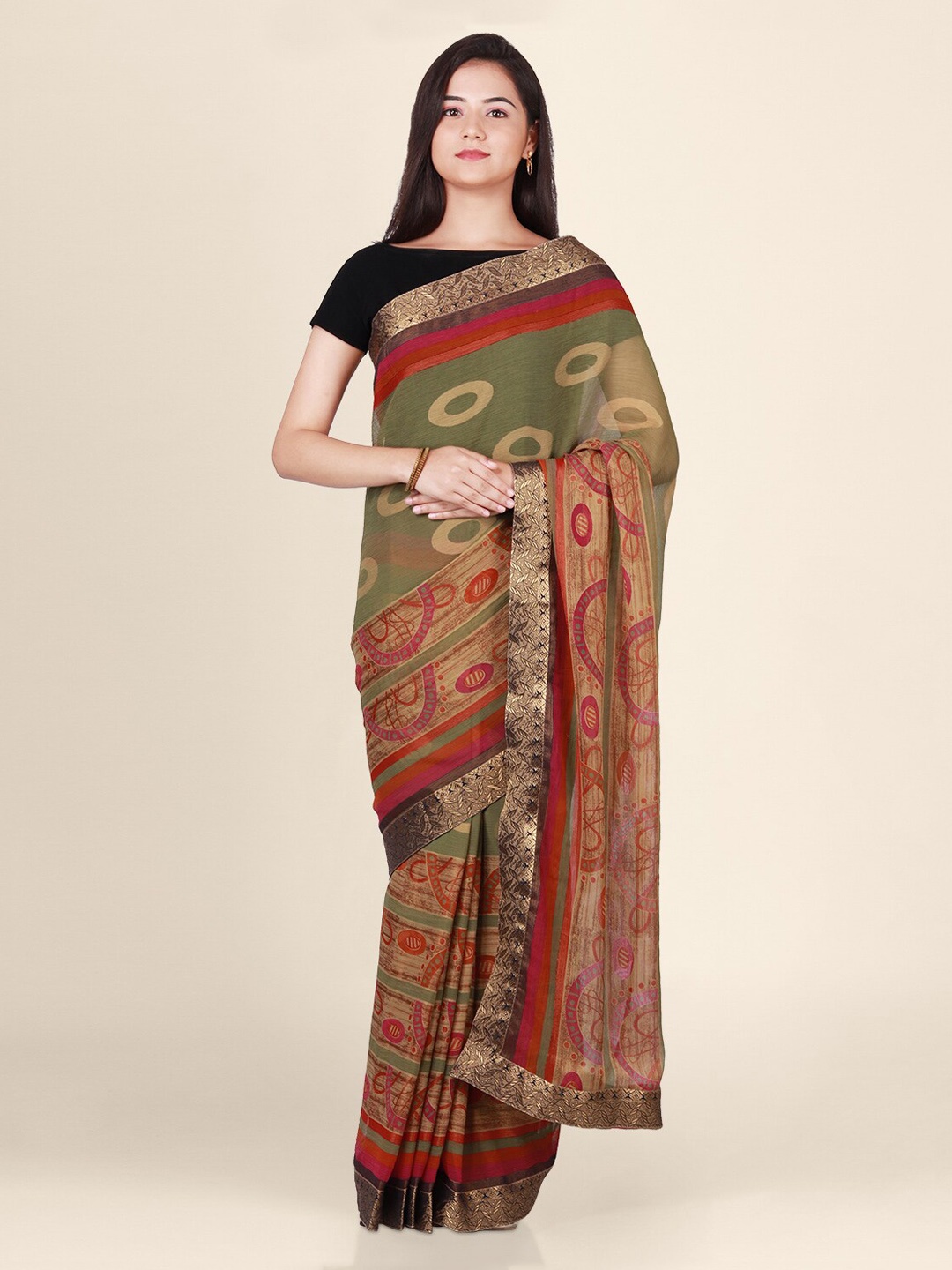 

CLAI WORLD Green & Red Poly Georgette Printed Saree