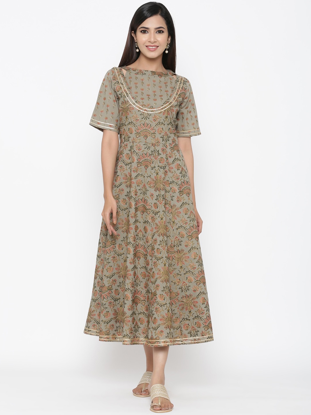 

Maaesa Women Green Printed A-Line Dress