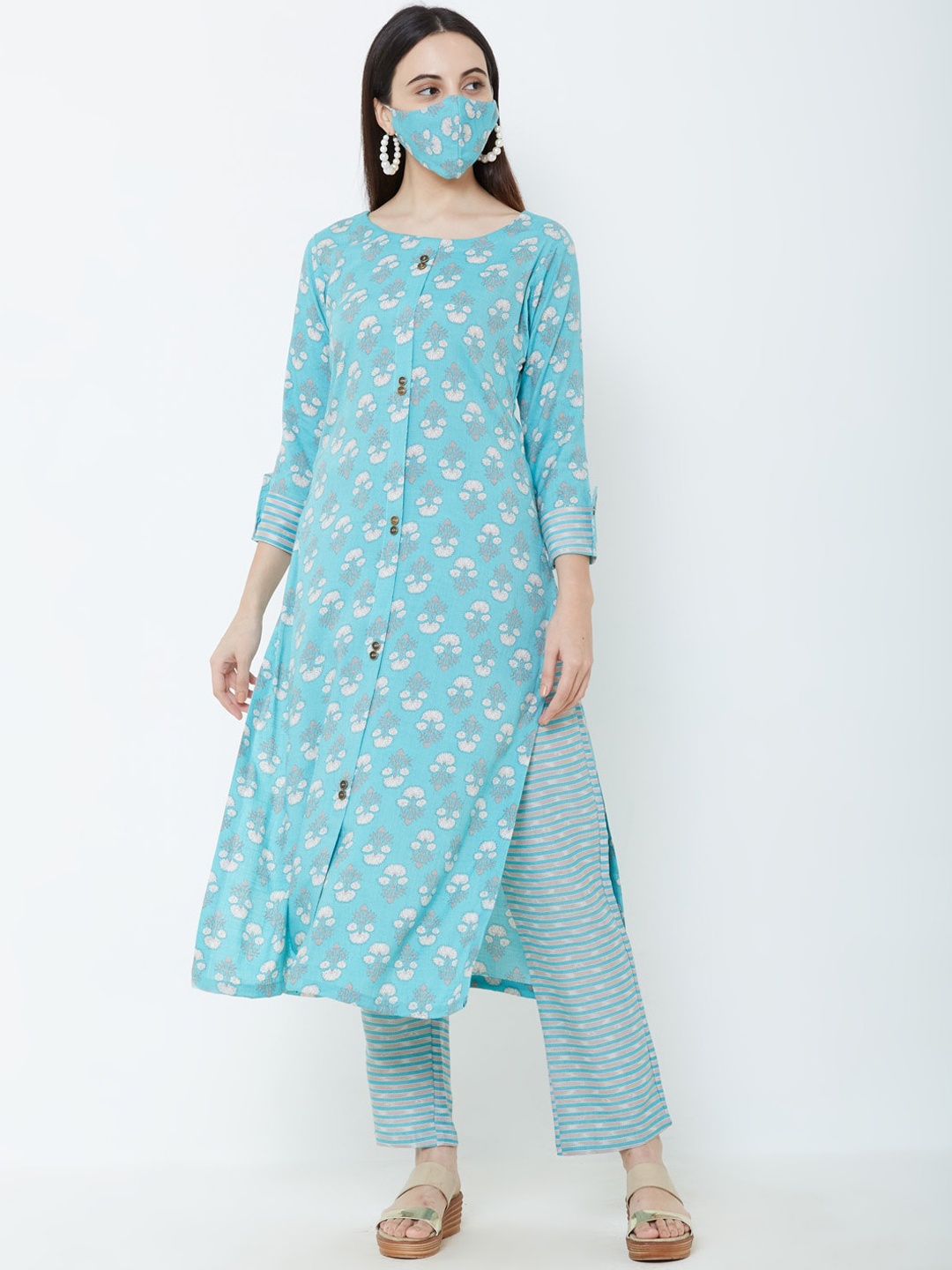 

FASHOR Women Blue Floral Printed Panelled Kurti with Trousers