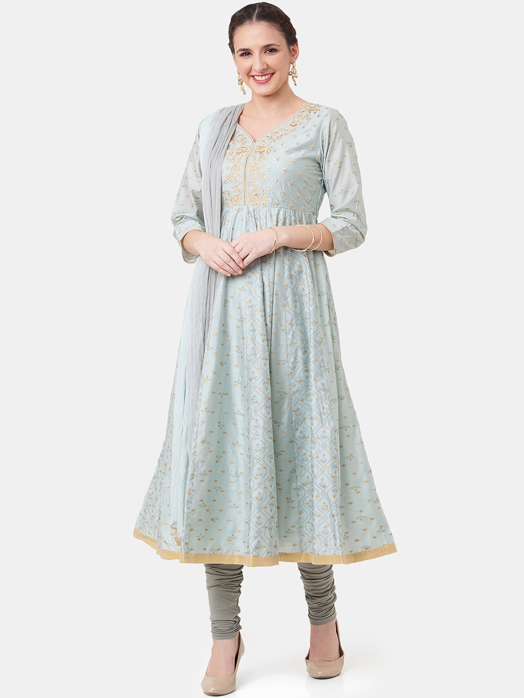 

IMARA Women Grey & Gold-Toned Striped Kurta with Churidar & Dupatta
