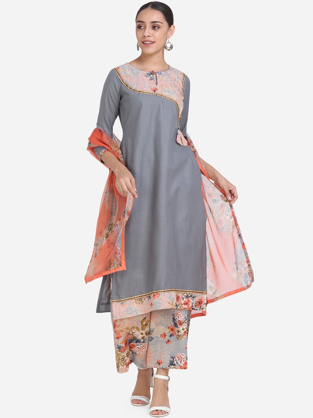 

Ethnic Junction Grey & Pink Cotton Blend Unstitched Dress Material