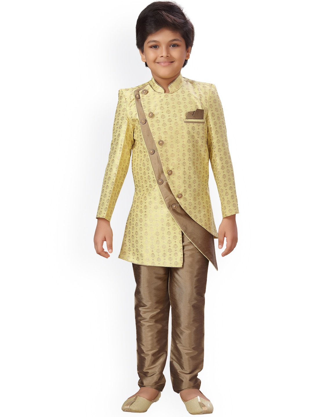 

ahhaaaa Boys Yellow & Brown Printed Sherwani Set