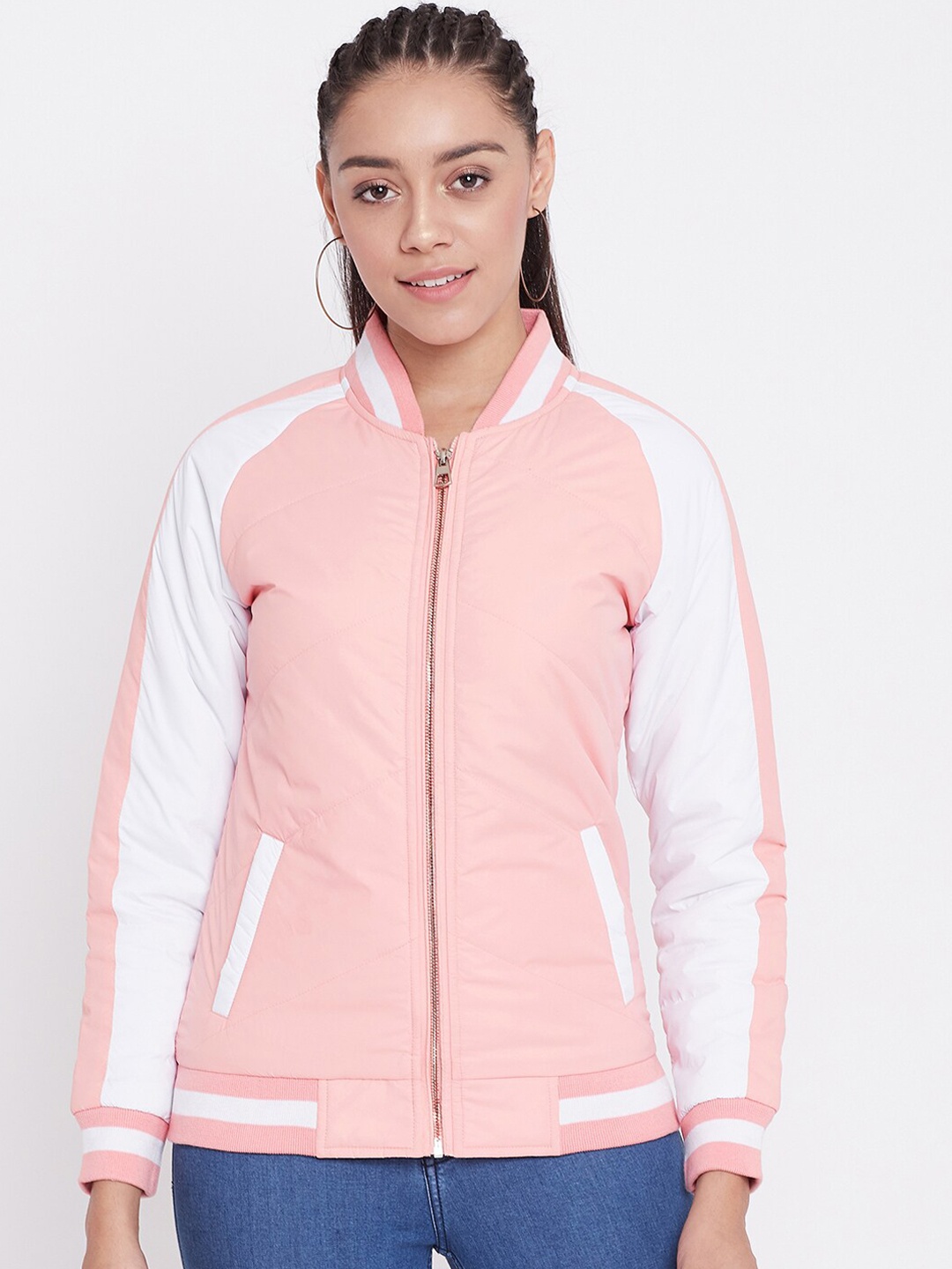 

Austin wood Women Peach-Coloured Colourblocked Lightweight Bomber