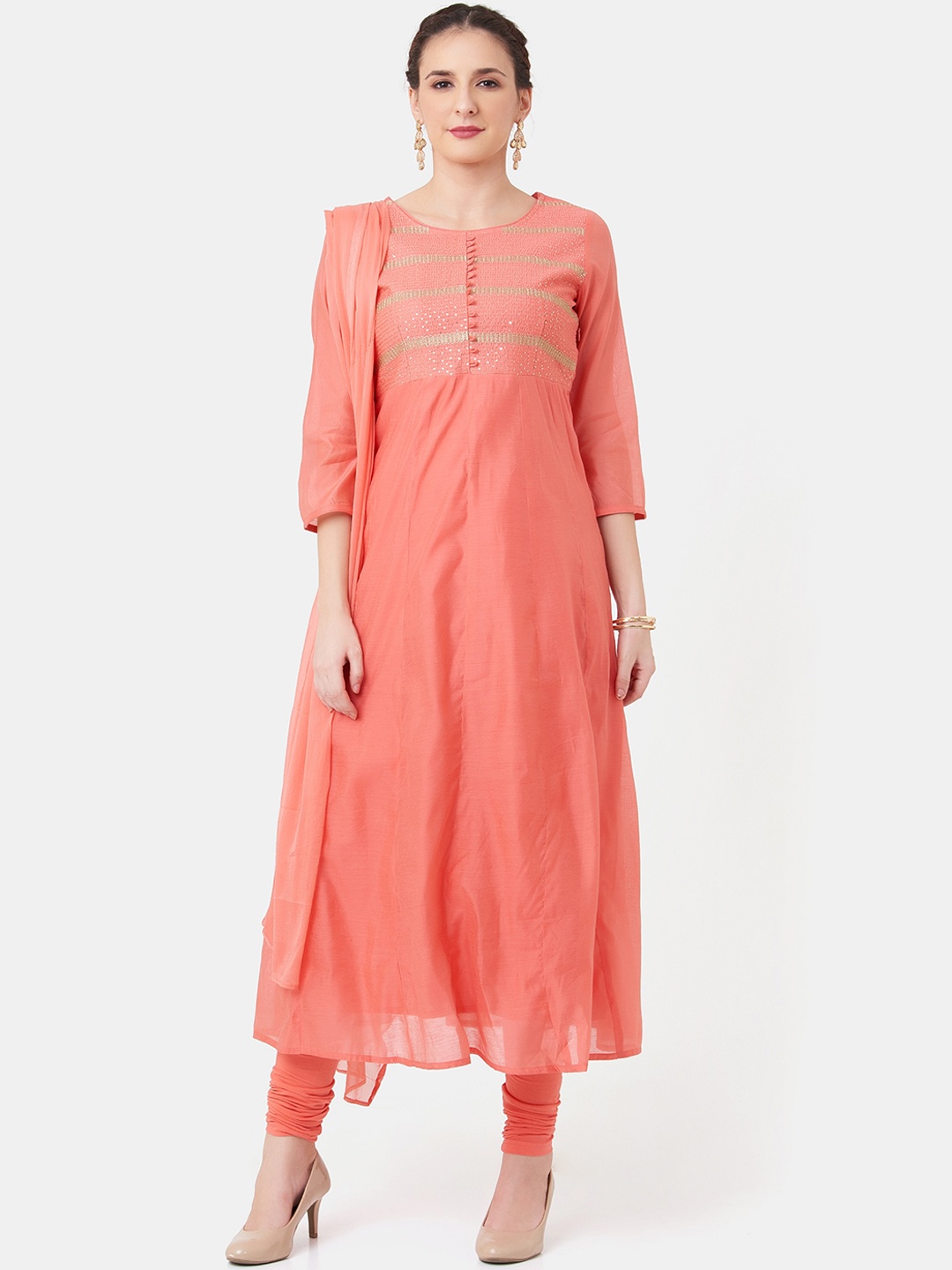 

IMARA Women Coral Woven Design Kurta with Churidar & Dupatta