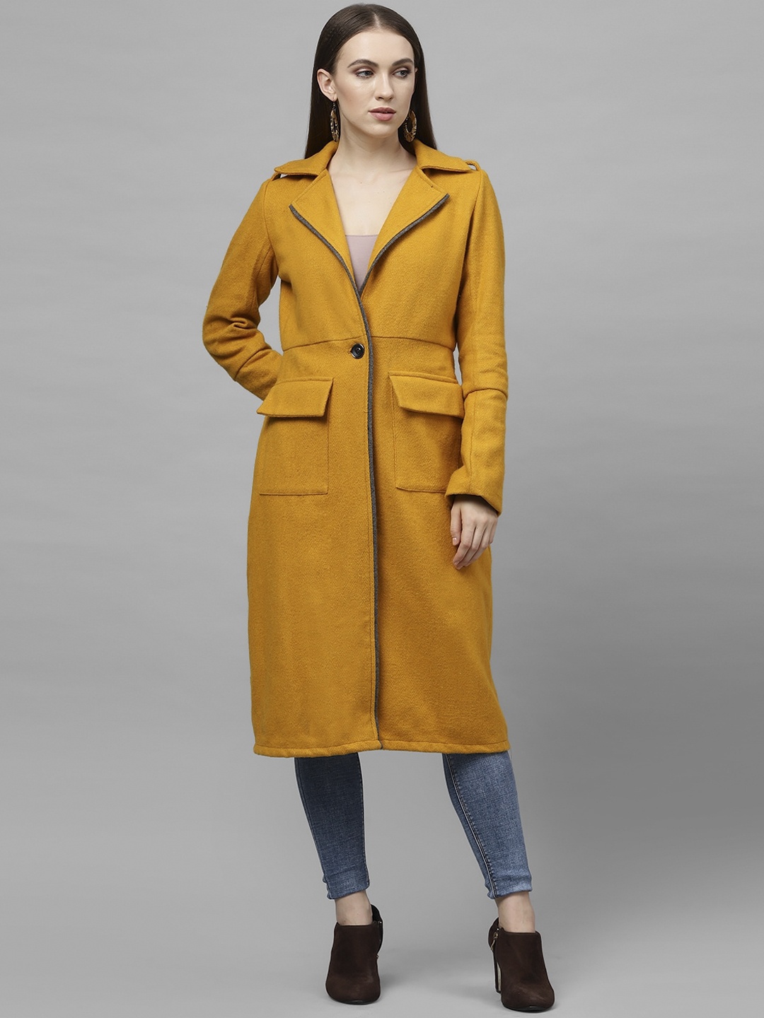 Athena Women Mustard Yellow Solid Longline Overcoat