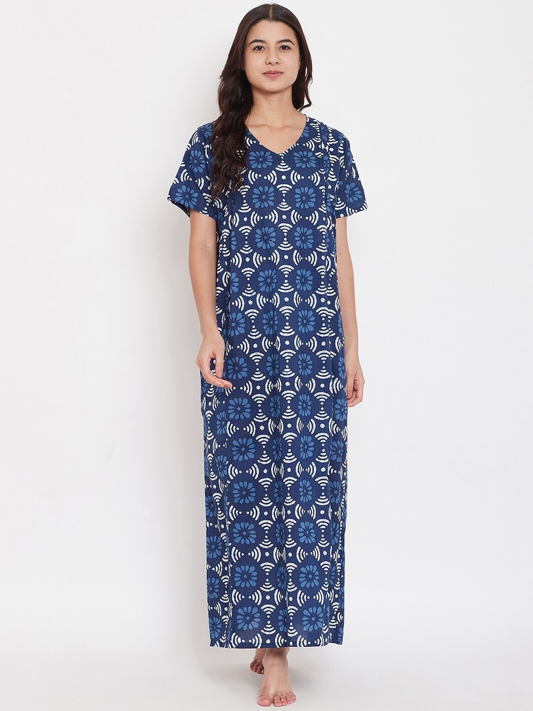 

The Kaftan Company Navy Blue Floral Printed Nightdress