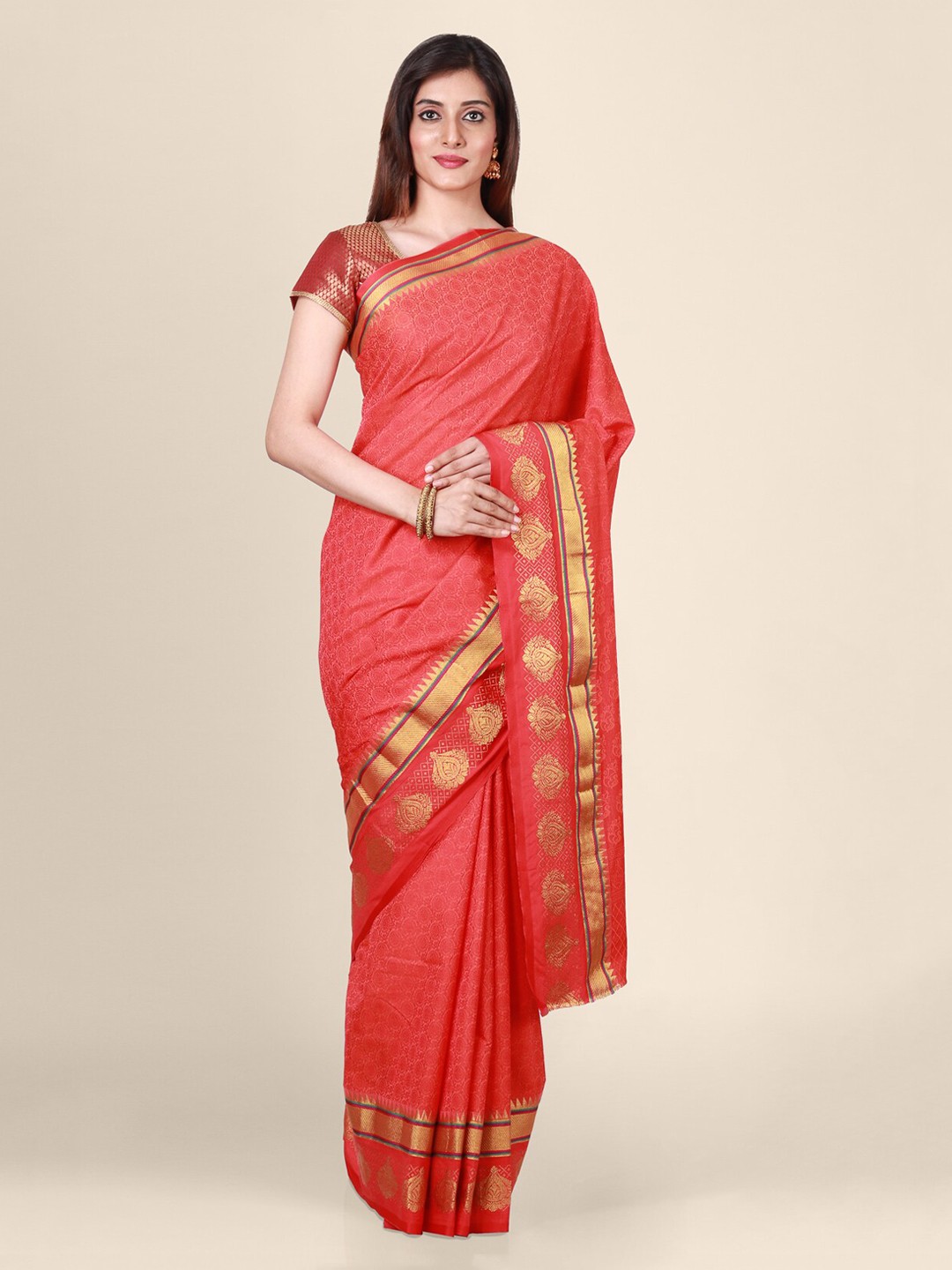 

CLAI WORLD Red & Gold Silk Blend Woven Design Saree
