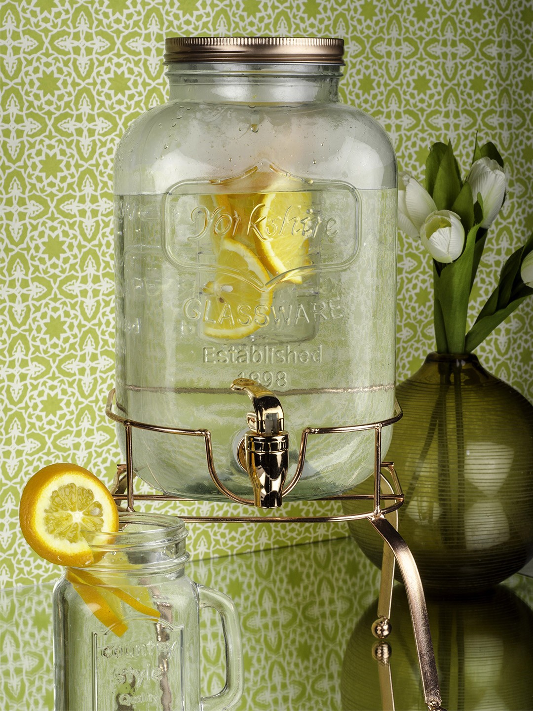 

White Gold Transparent Glass Decanter With Copper Lid & Stand