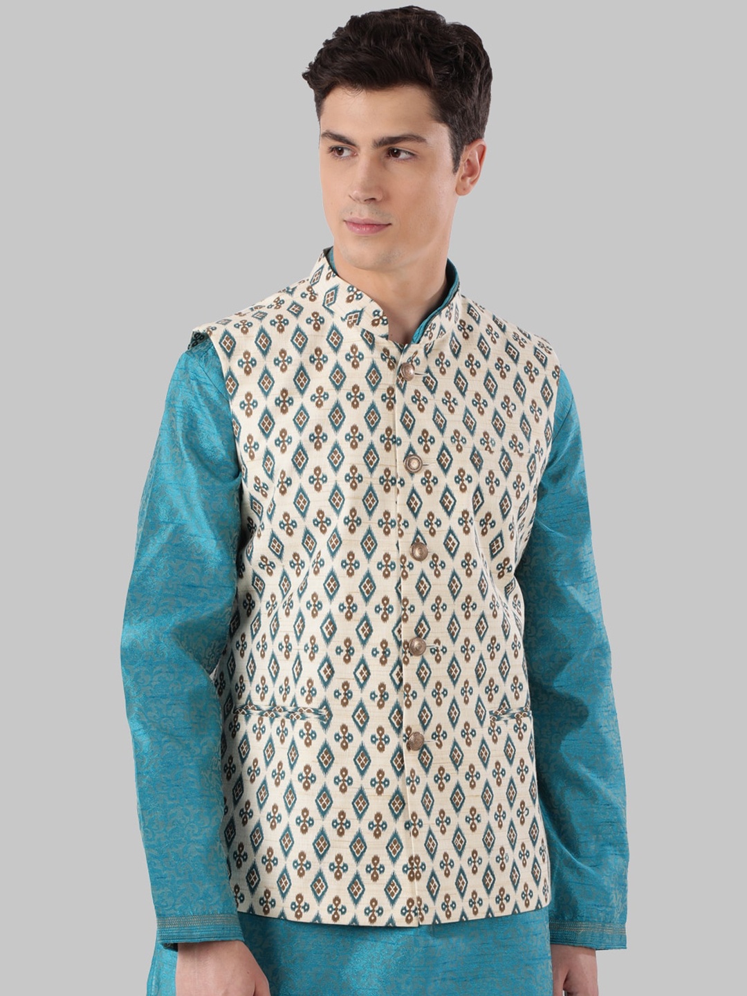 

Ethnix by Raymond Men Cream-Coloured & Blue Printed Nehru Jacket