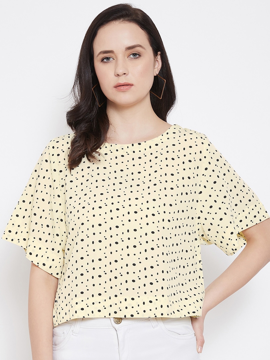 

Ruhaans Women Yellow Polka Dots Printed Boxy Top