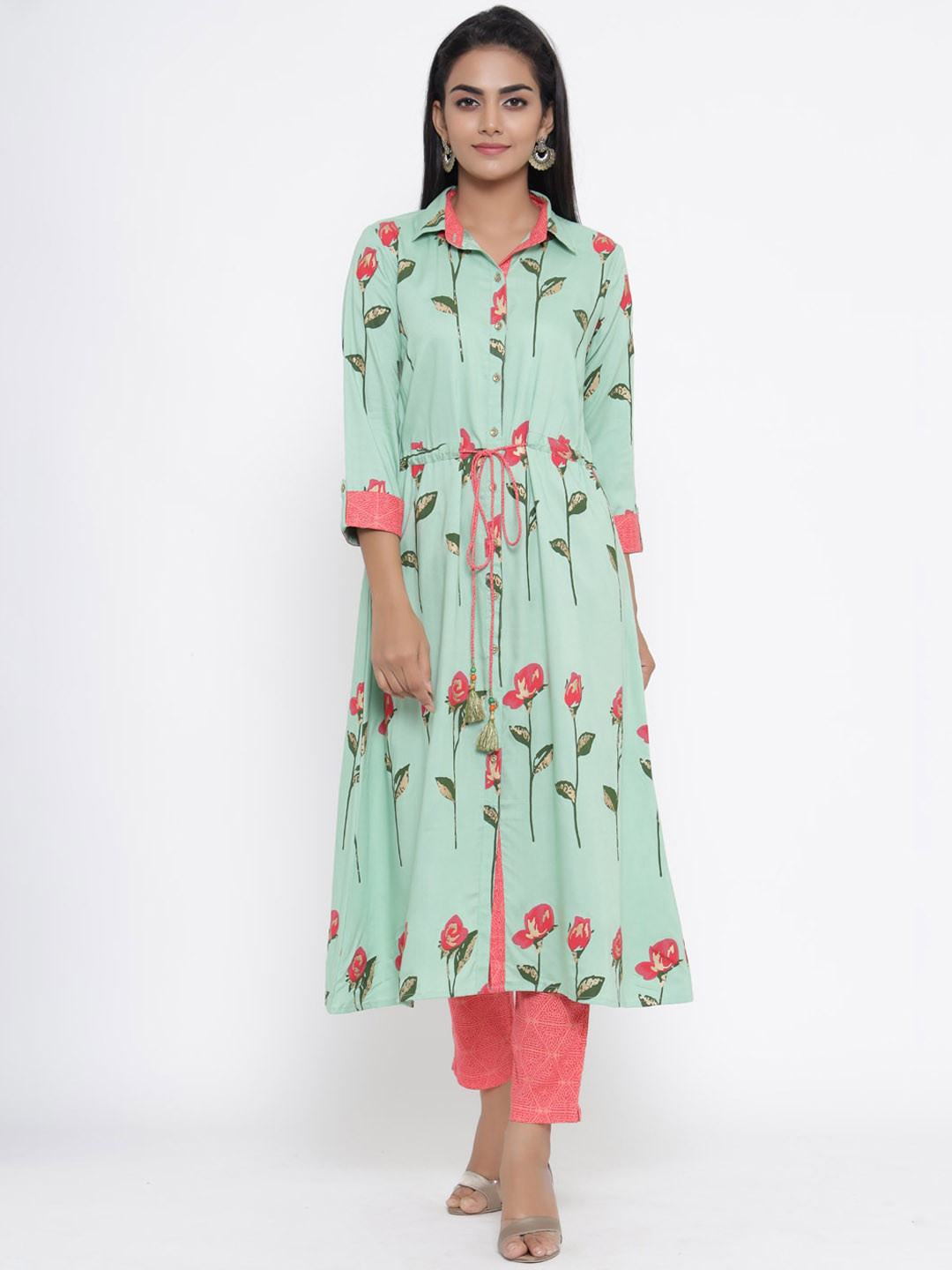 

RANGMAYEE Women Green & Pink Printed Kurta with Trousers