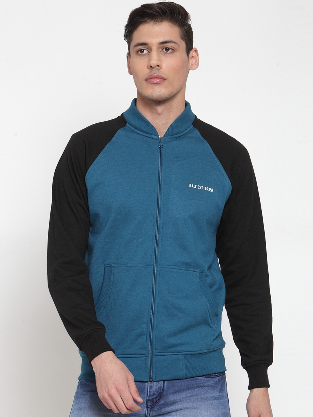 

Kalt Men Teal Blue Solid Bomber Jacket