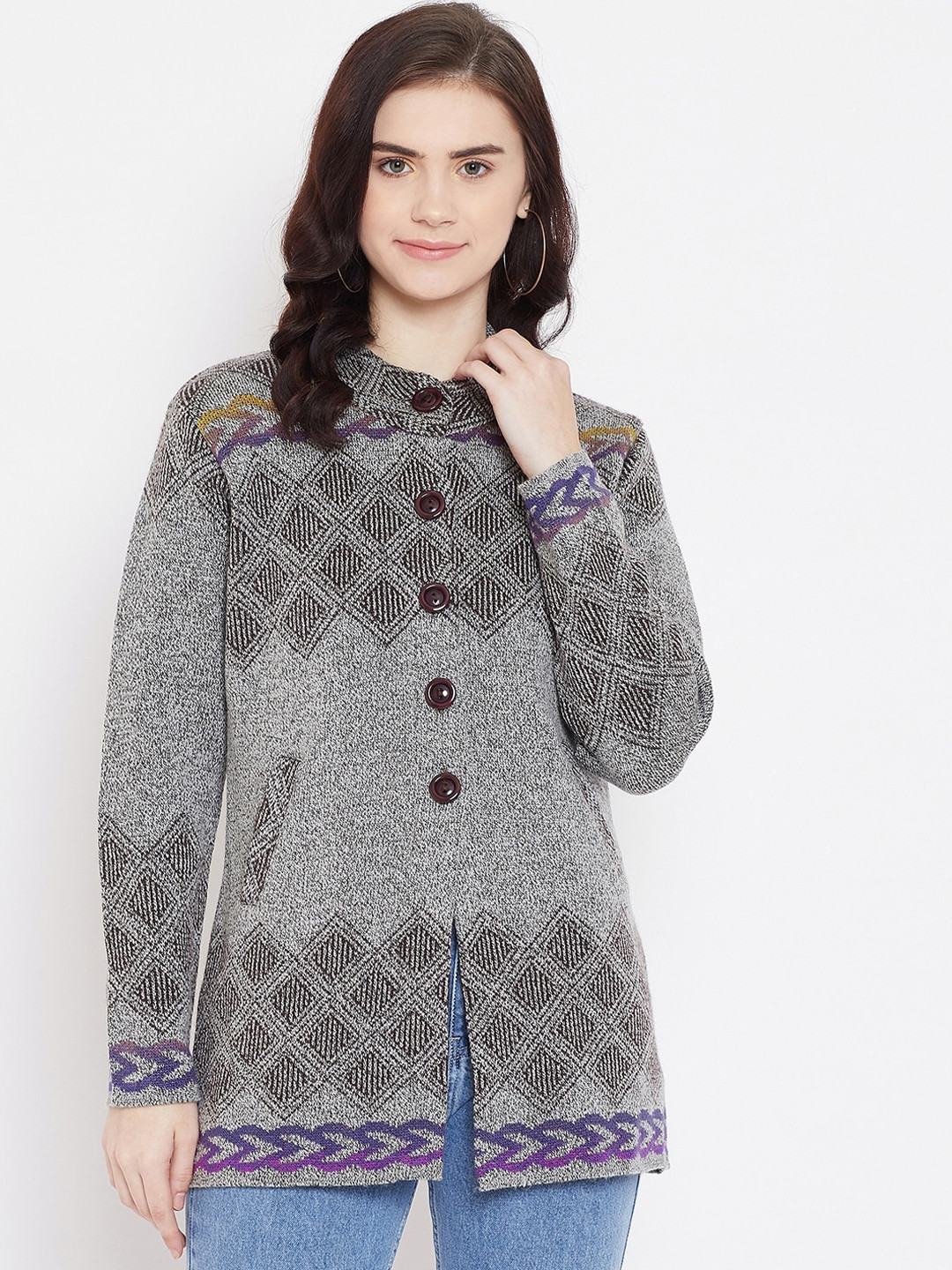 

Zigo Women Grey Self Design Cardigan Sweater
