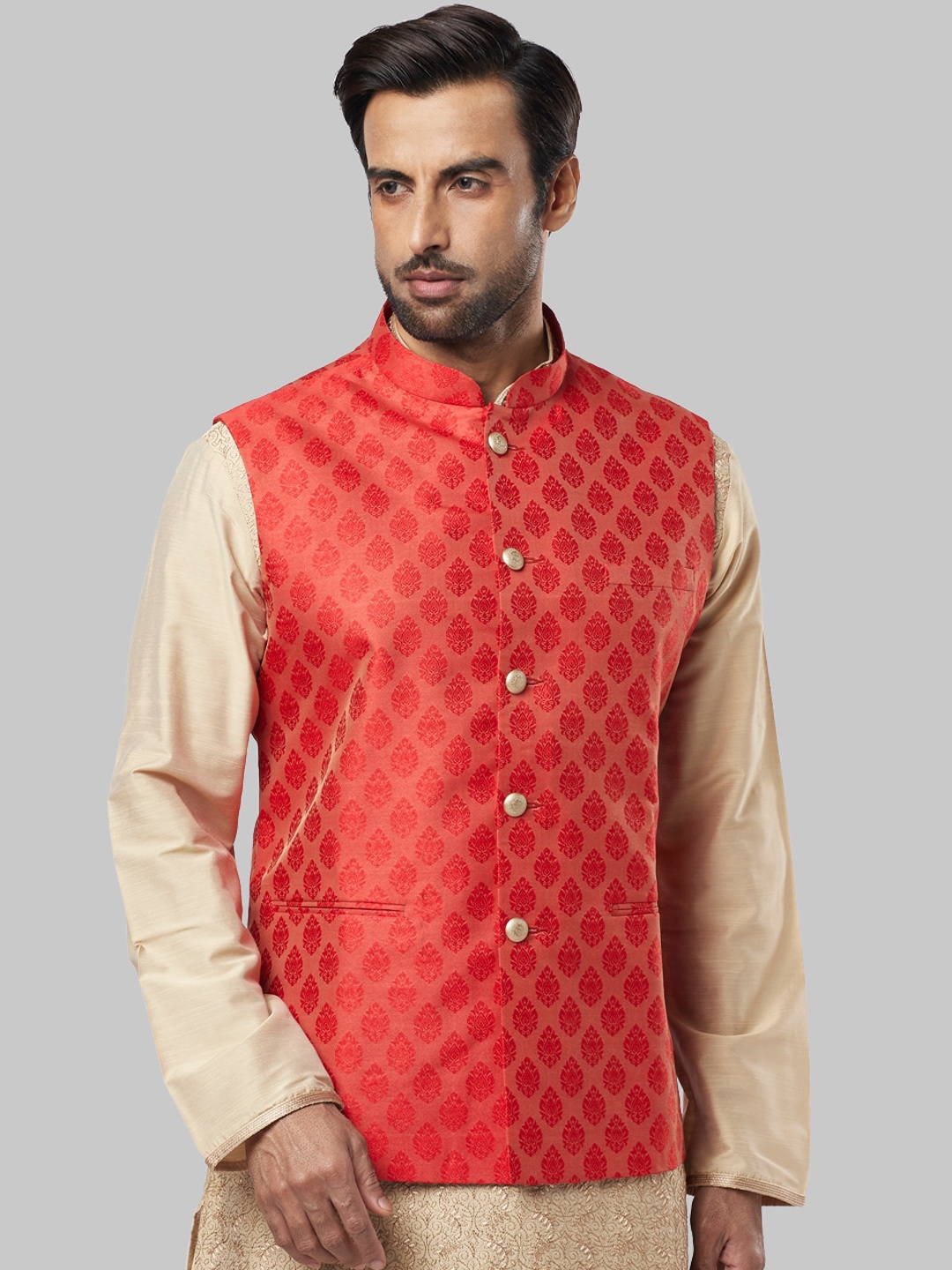 

Ethnix by Raymond Men Rust Red Woven Design Nehru Jacket