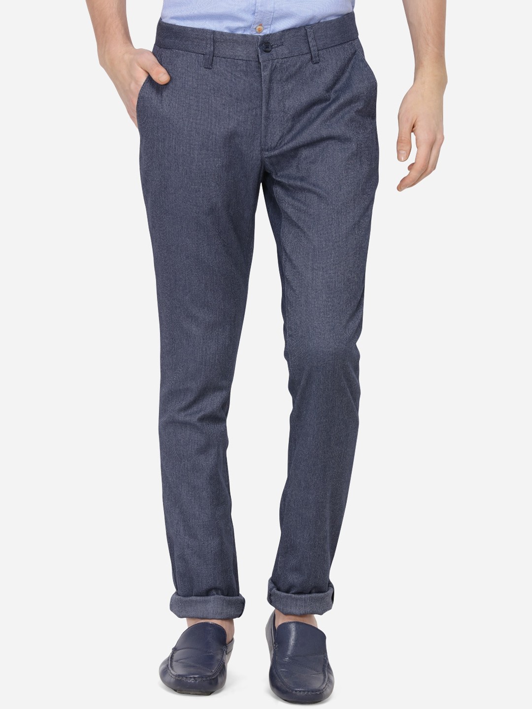 

Greenfibre Men Blue Skinny Fit Self Design Regular Trousers