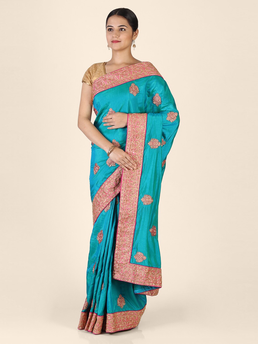 

Hastakala Blue & Gold-Toned Silk Blend Embroidered Saree