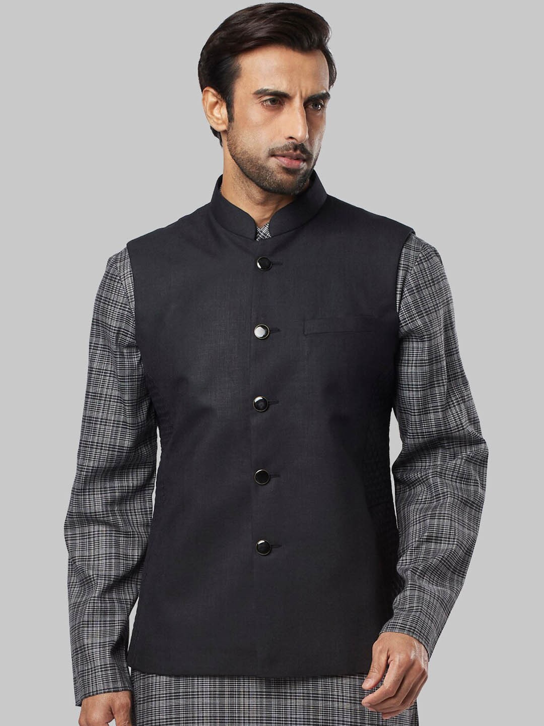 

Ethnix by Raymond Men Black Checked Lightweight Nehru Jacket