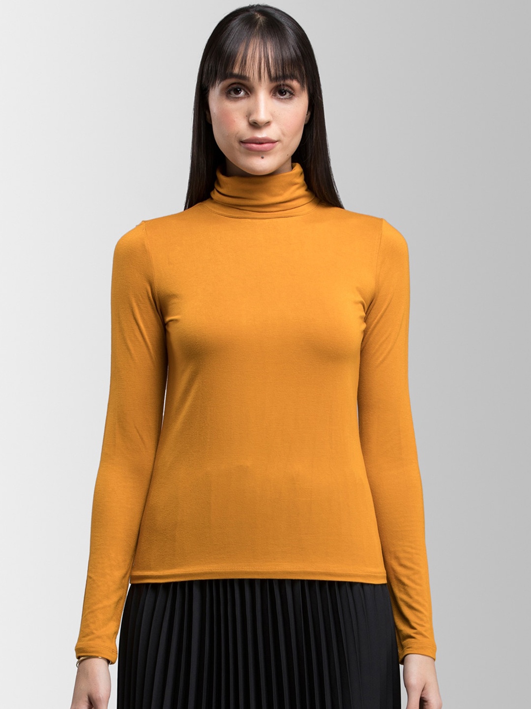 FableStreet Women Mustard Yellow Solid High Neck T-shirt