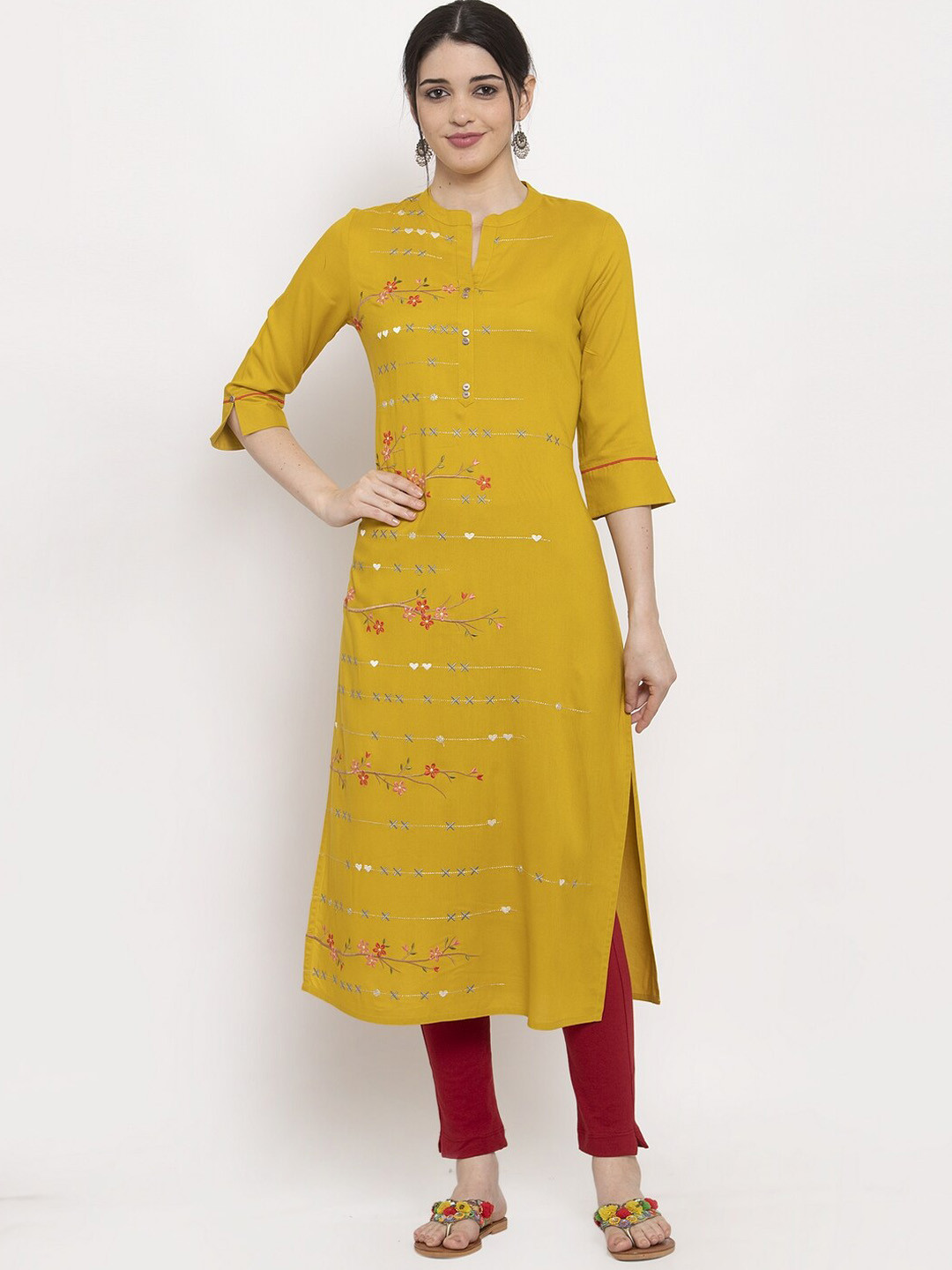 

ANAISA Women Mustard Yellow Embroidered Straight Kurta