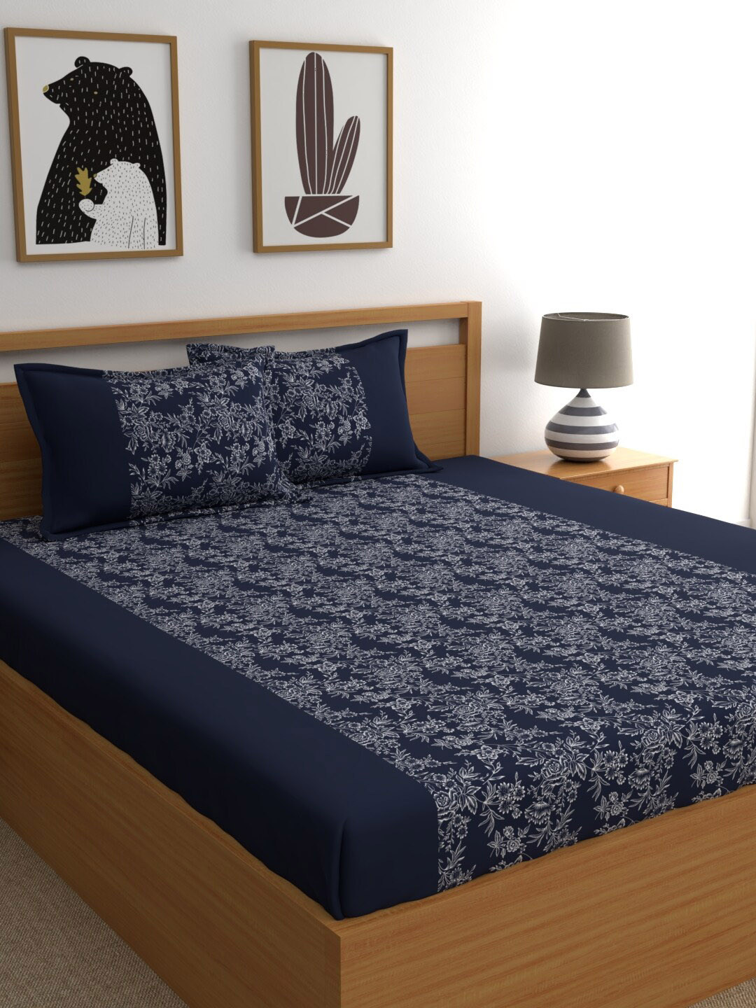 

Home Ecstasy Blue Floral 160 TC Cotton 1 Queen Bedsheet with 2 Pillow Covers