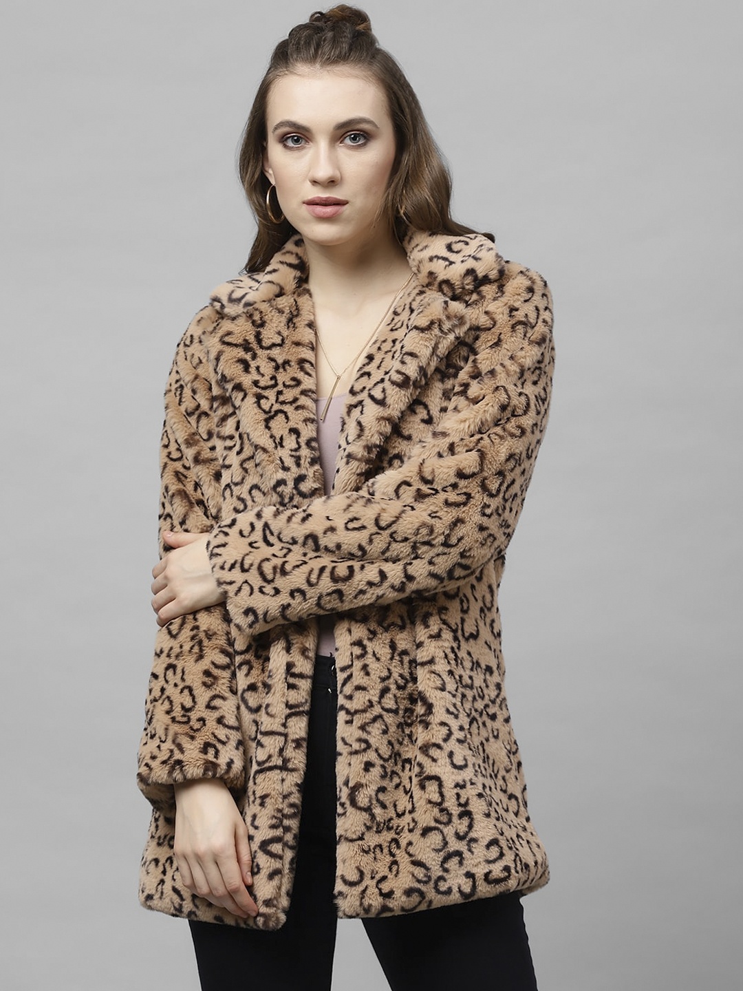 

Athena Women Beige & Black Leopard Print Faux Fur Overcoat