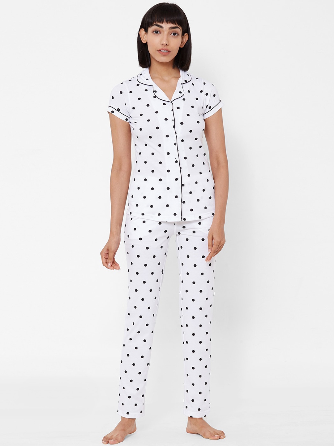 

Sweet Dreams Women White & Black Polka Dot Printed Night suit