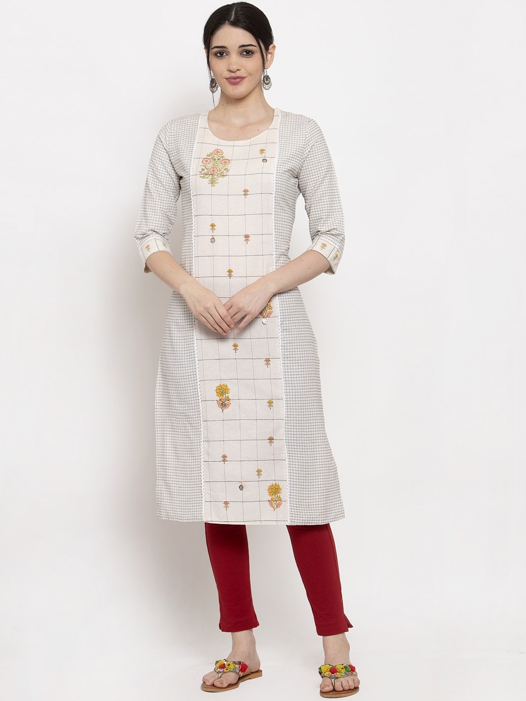 

ANAISA Women Off-White & Black Checked A-Line Kurta
