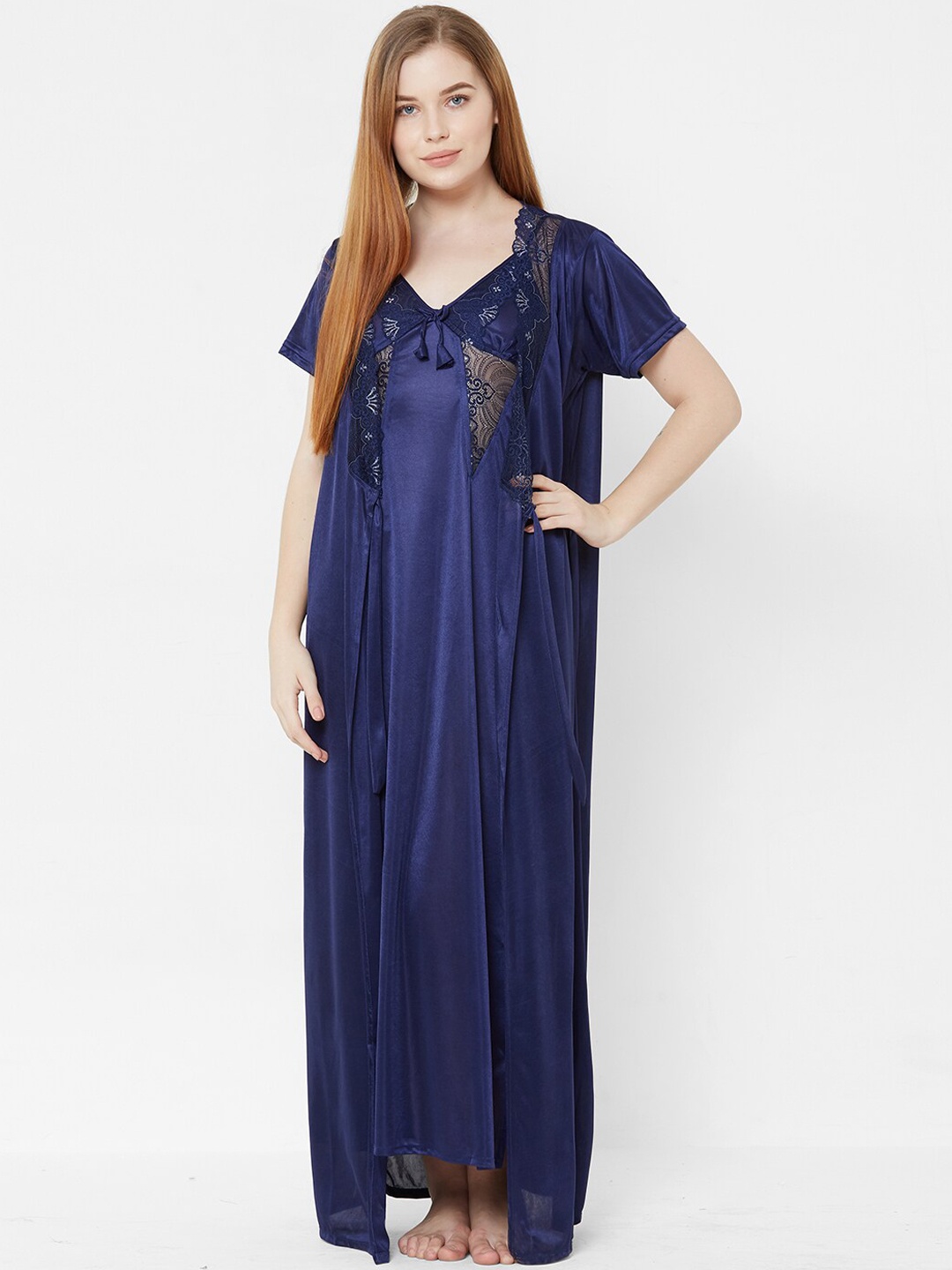 

FashionRack Navy Blue Solid Nightdress with Robe