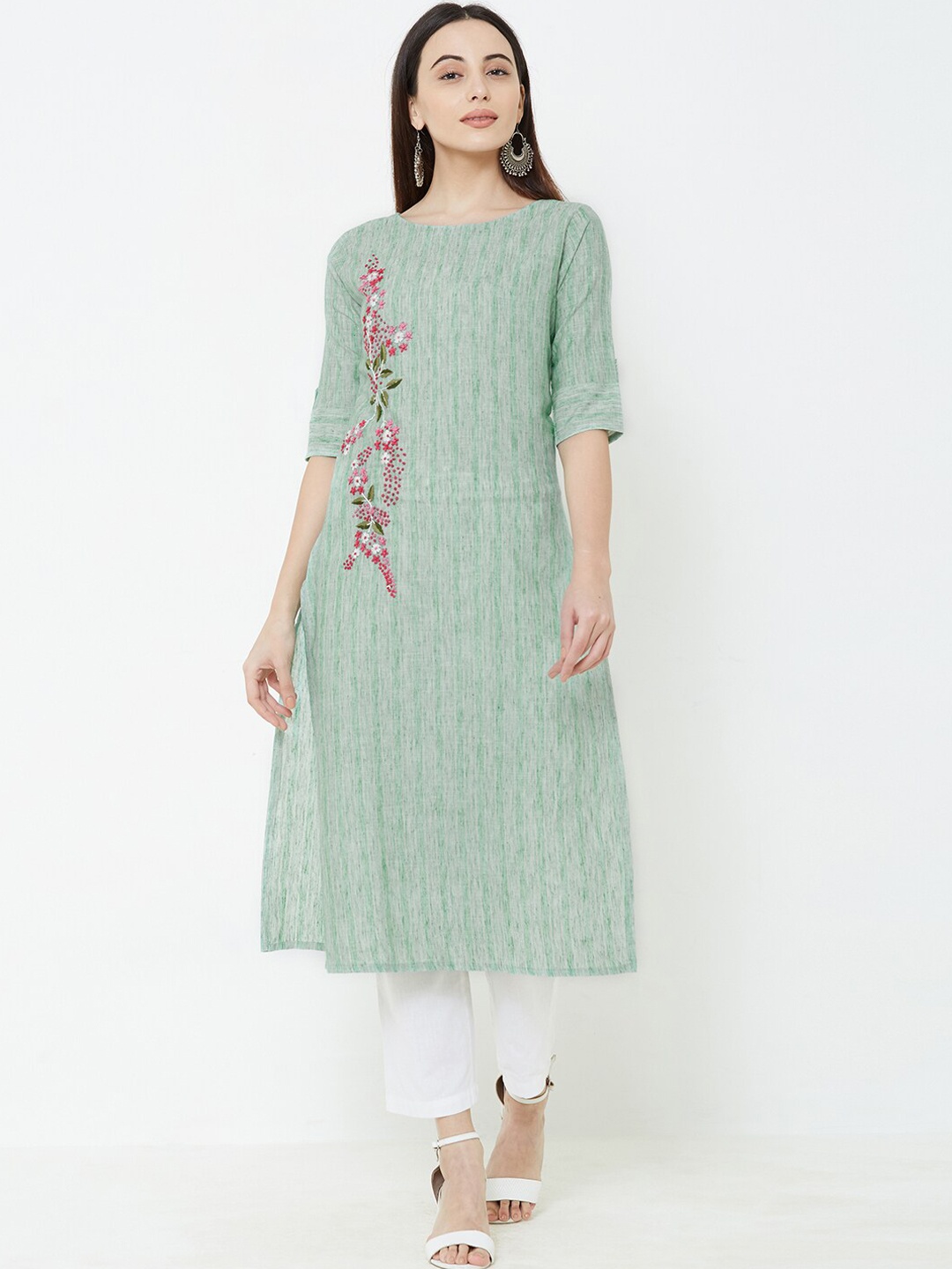 

FASHOR Women Green Striped Thread Work Kurta
