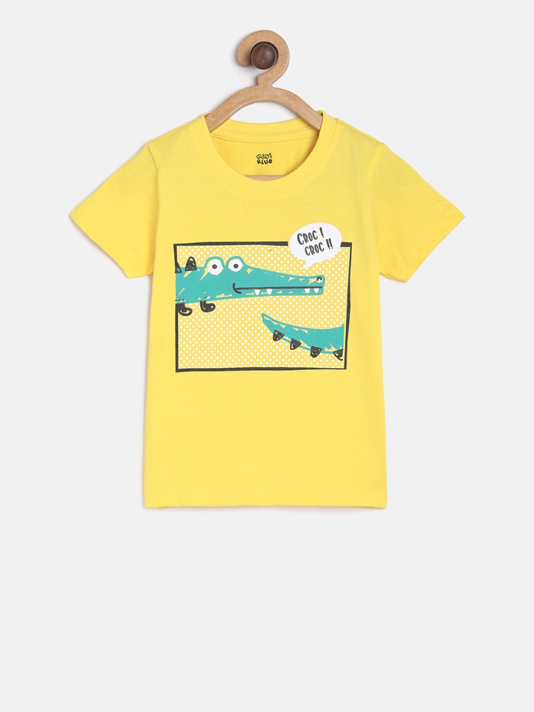 

MINI KLUB Boys Yellow Green Printed Round Neck Pure Cotton T-shirt