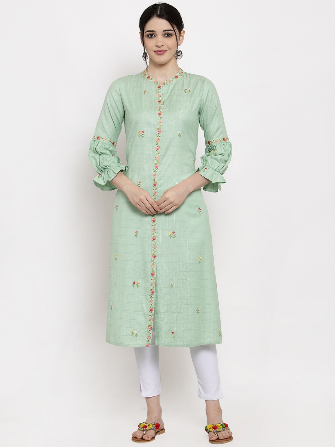 

ANAISA Women Sea Green Embroidered Straight Kurta