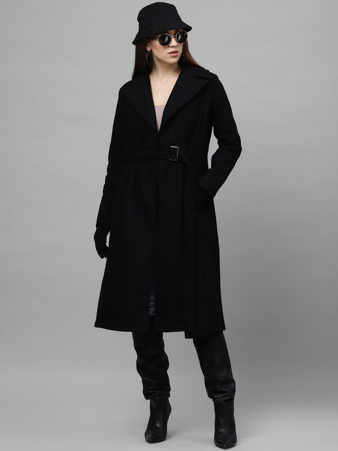 

Athena Women Black Solid Regular-Fit Longline Overcoat