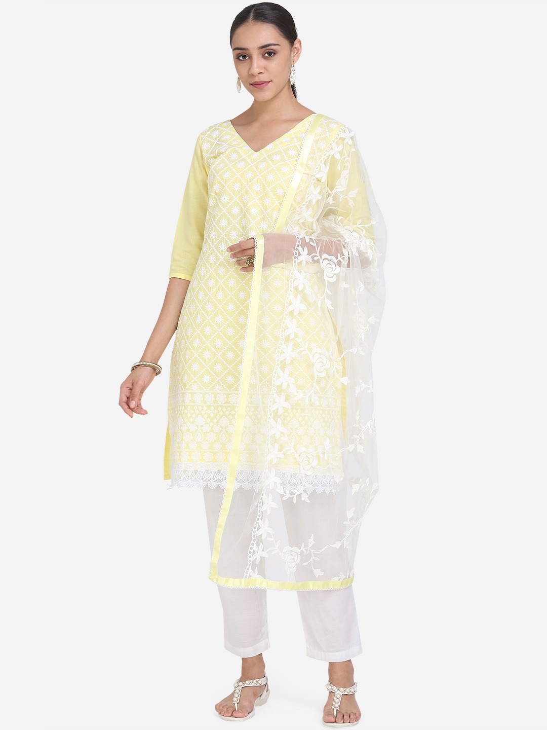 

Ethnic Junction Yellow & White Cotton Blend Unstitched Dress Material