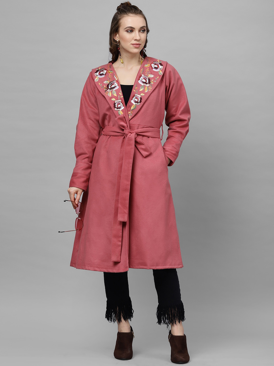 

Athena Women Mauve Embroidered Longline Wrap Coat