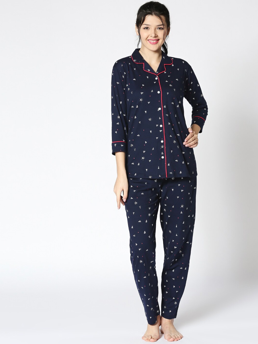 

I like me Women Navy Blue & White Printed Night Suit