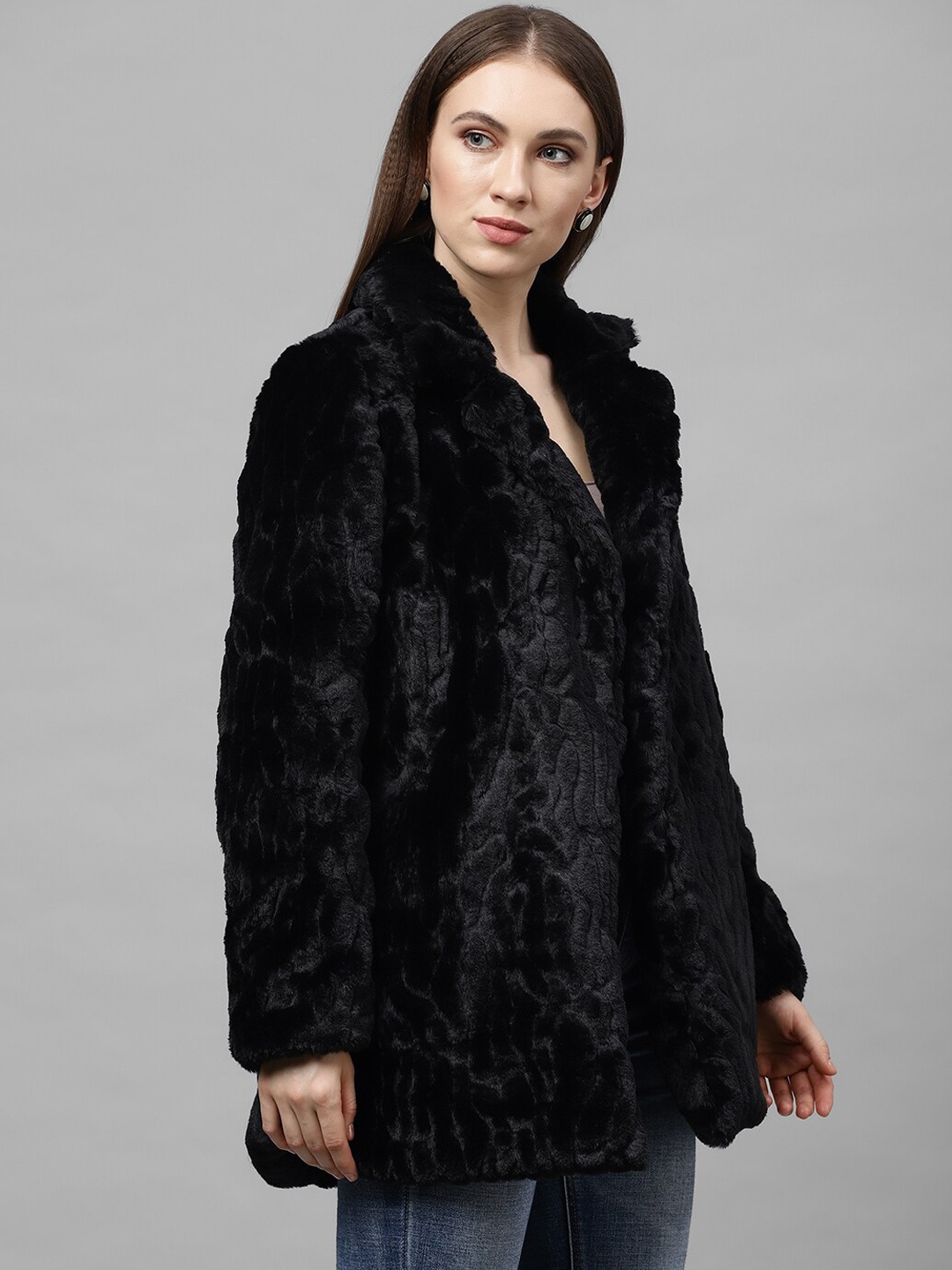 

Athena Women Black Solid Faux Fur Overcoat