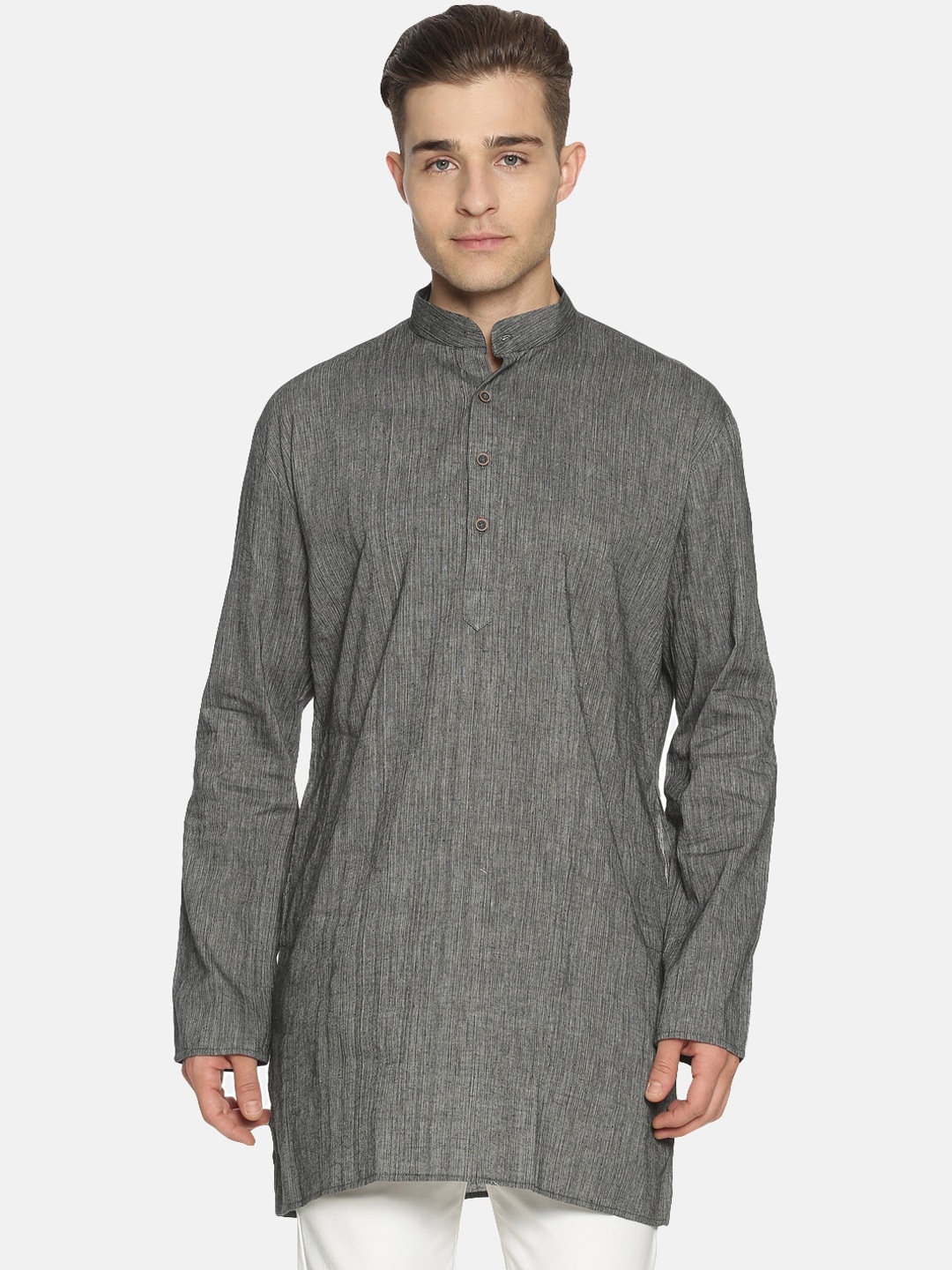 

Jansons Men Charcoal Woven Design Straight Kurta