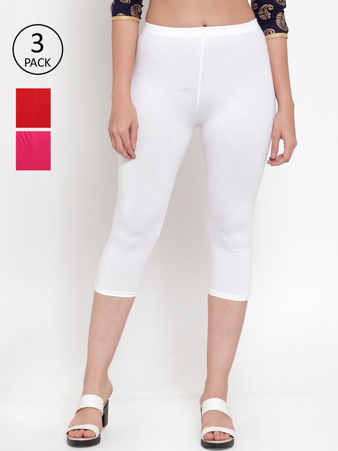 

GRACIT Women Pack Of 3 White & Red Solid Slim Fit Capris