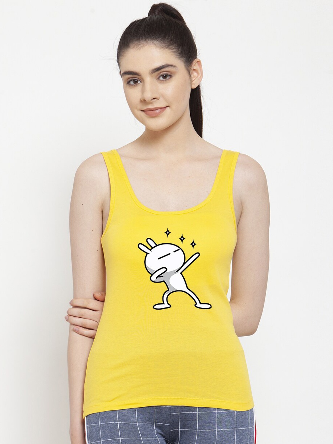 

Friskers Women Yellow Printed Tank Pure Cotton Top