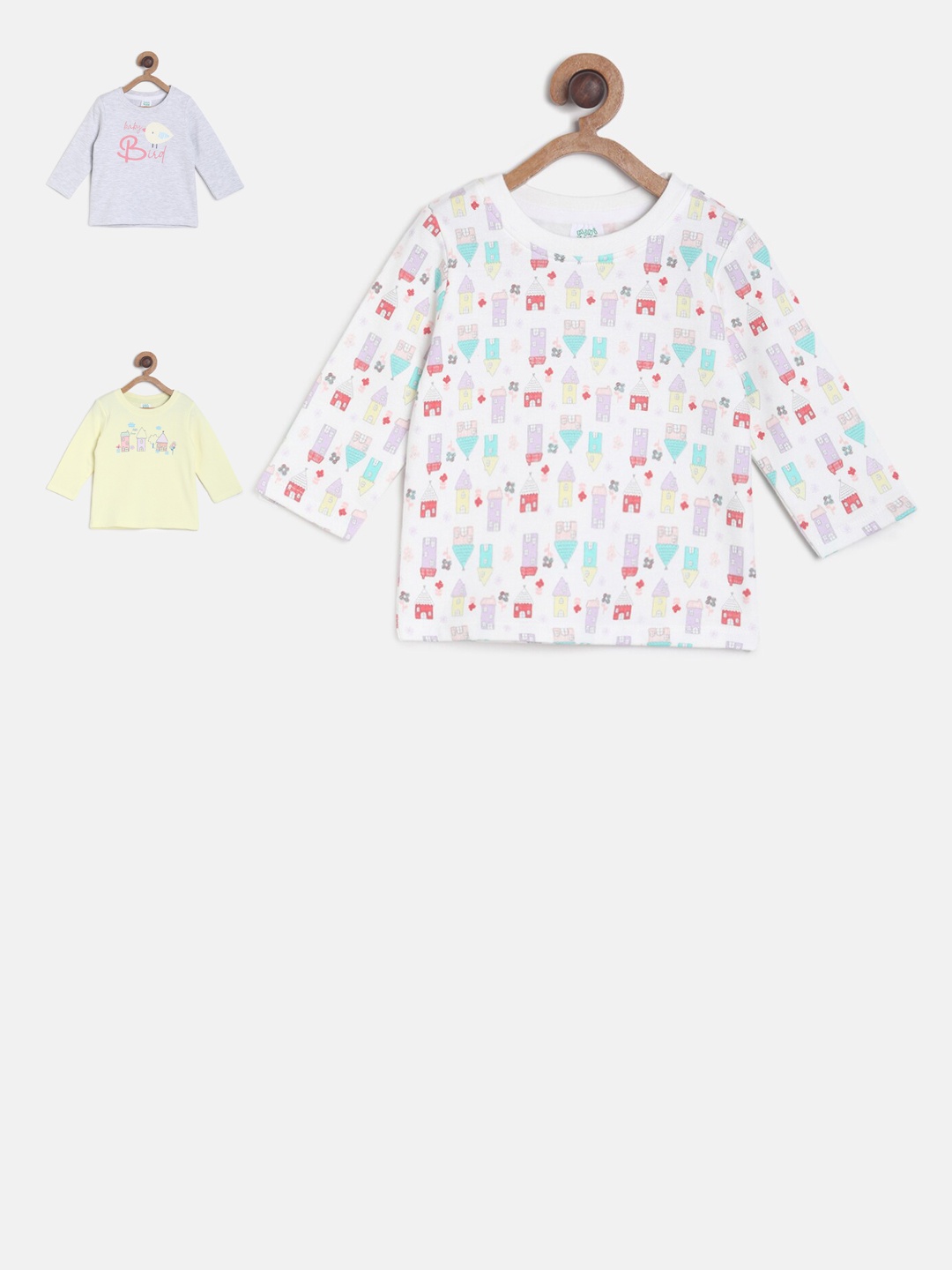 

MINI KLUB Girls Pack of 3 Printed Pure Cotton Tops, White