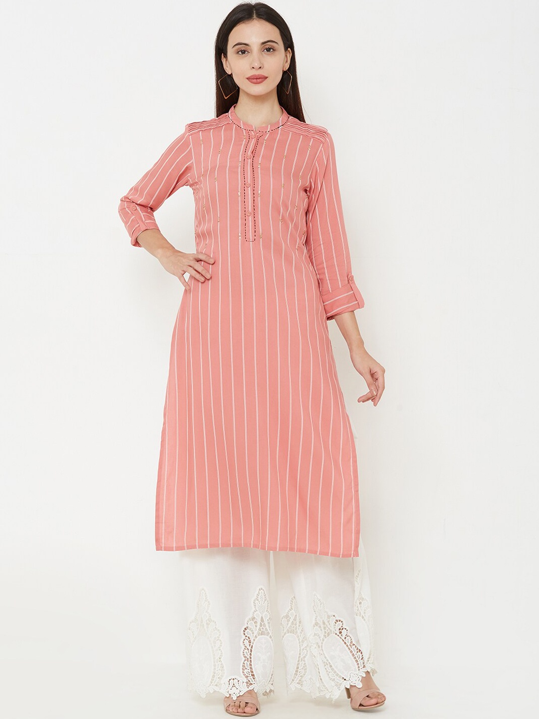 

FASHOR Women Pink Striped Straight Kurta
