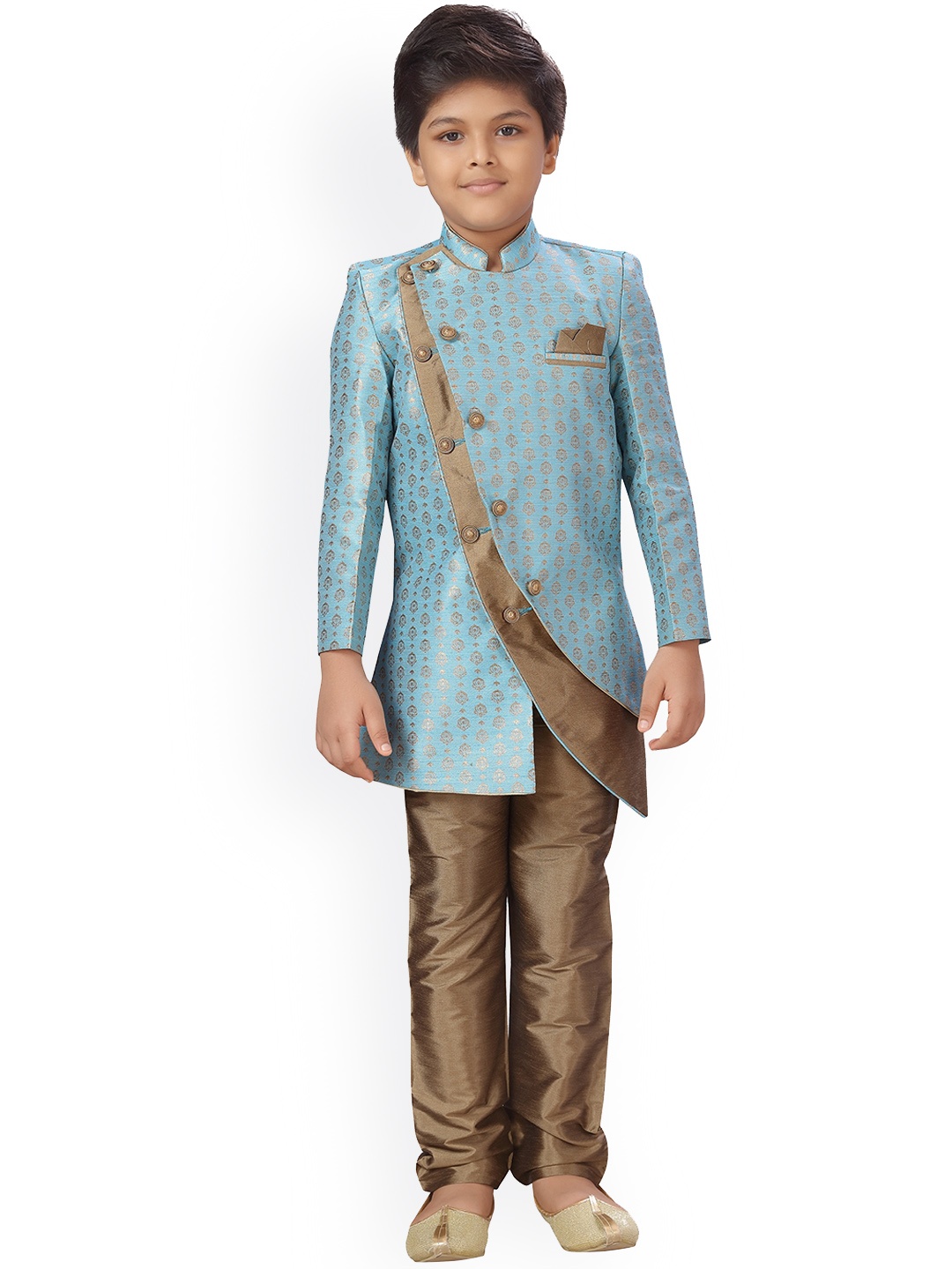 

ahhaaaa Boys Blue & Brown Woven-Design Sherwani Set