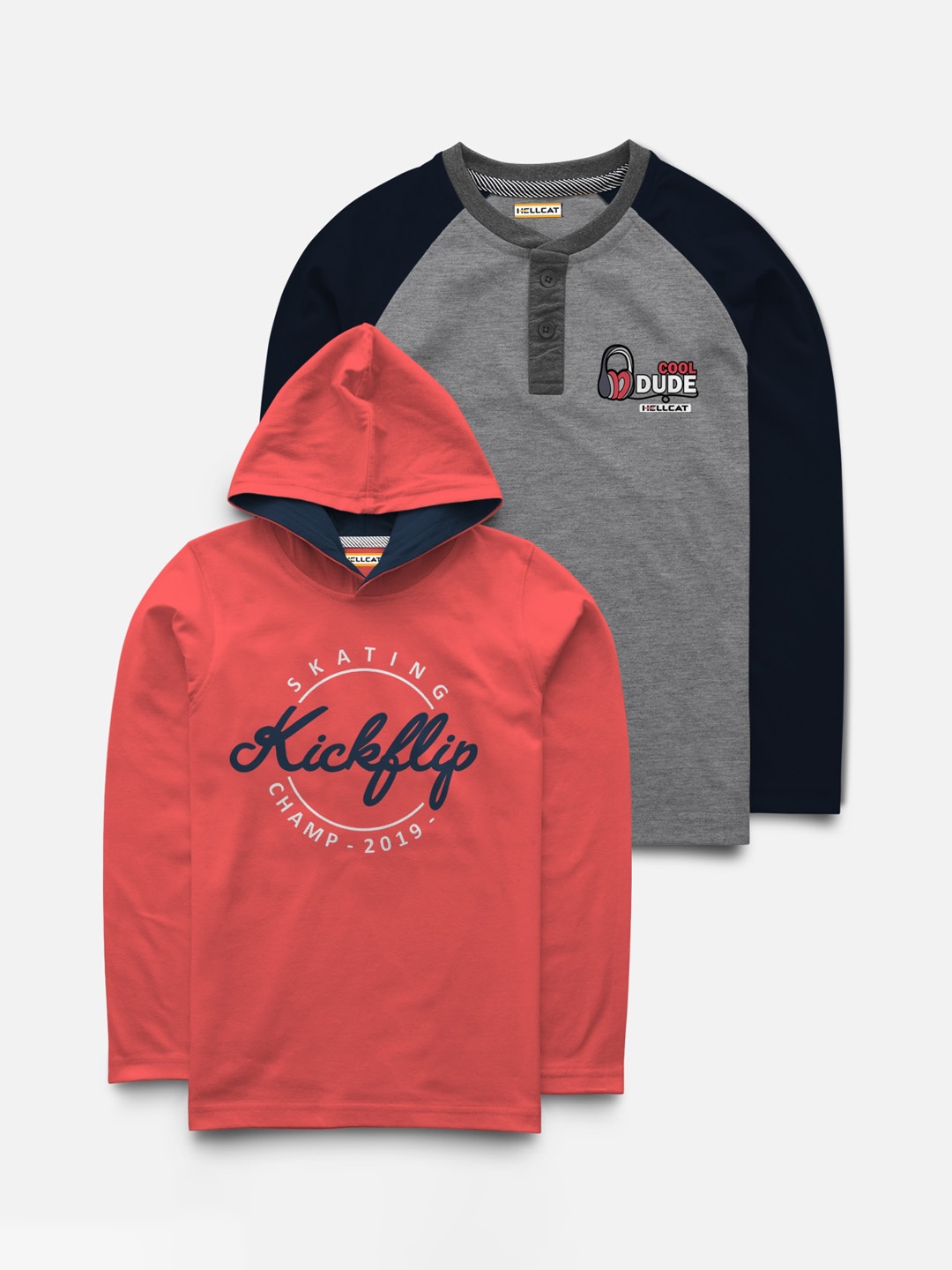 

HELLCAT Boys Pack of 2 Printed Hooded T-shirts, Red