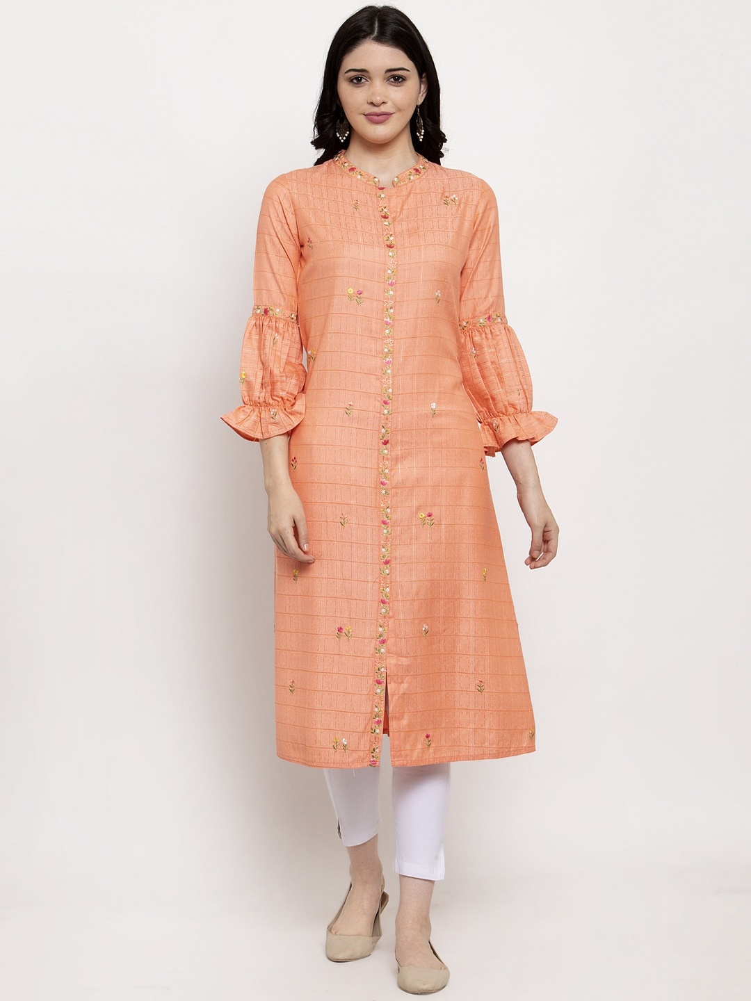 

ANAISA Women Peach-Coloured Printed A-Line Kurta
