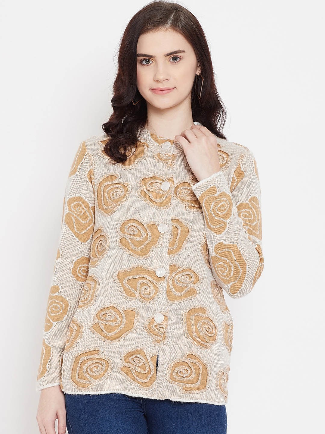 

Zigo Women Beige Self Design Cardigan Sweater