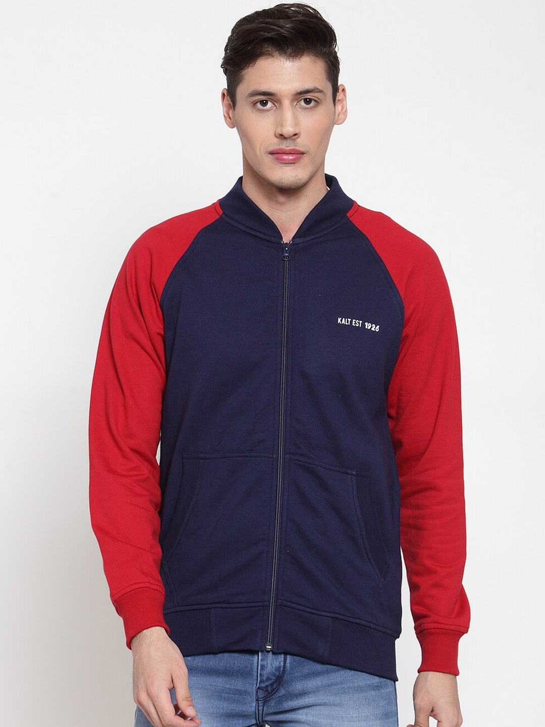 

Kalt Men Navy Blue & Red Colourblocked Sporty Jacket